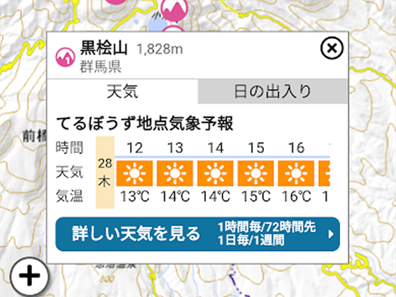 地図画面の山頂や登山口、自宅などの任意地点をクリック（タップ）すると、その場所の気象予報を一時間毎、一週間先まで表示（１㎢単位）します。