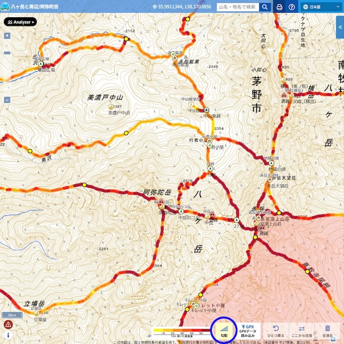 ルート勾配は、登山道の勾配強度が一目でわかるように色分け表示