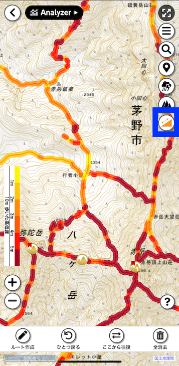 ルート勾配は、登山道の勾配強度が一目でわかるように色分け表示