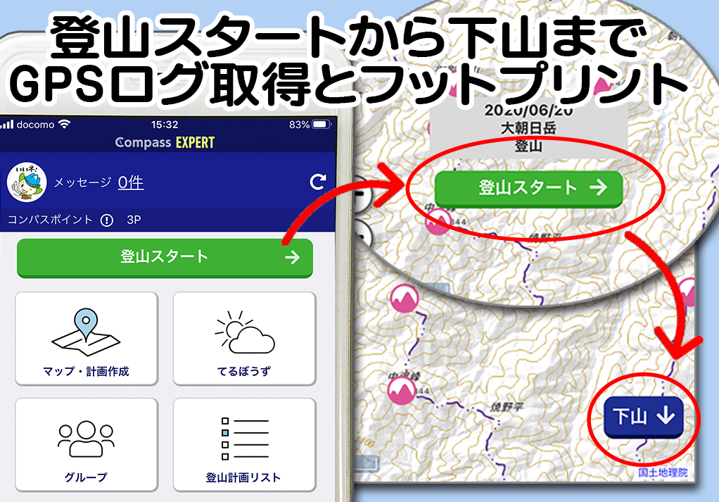 登山スタートから下山通知まで登山中のGPSログの取得しフットプリトで軌跡を表示